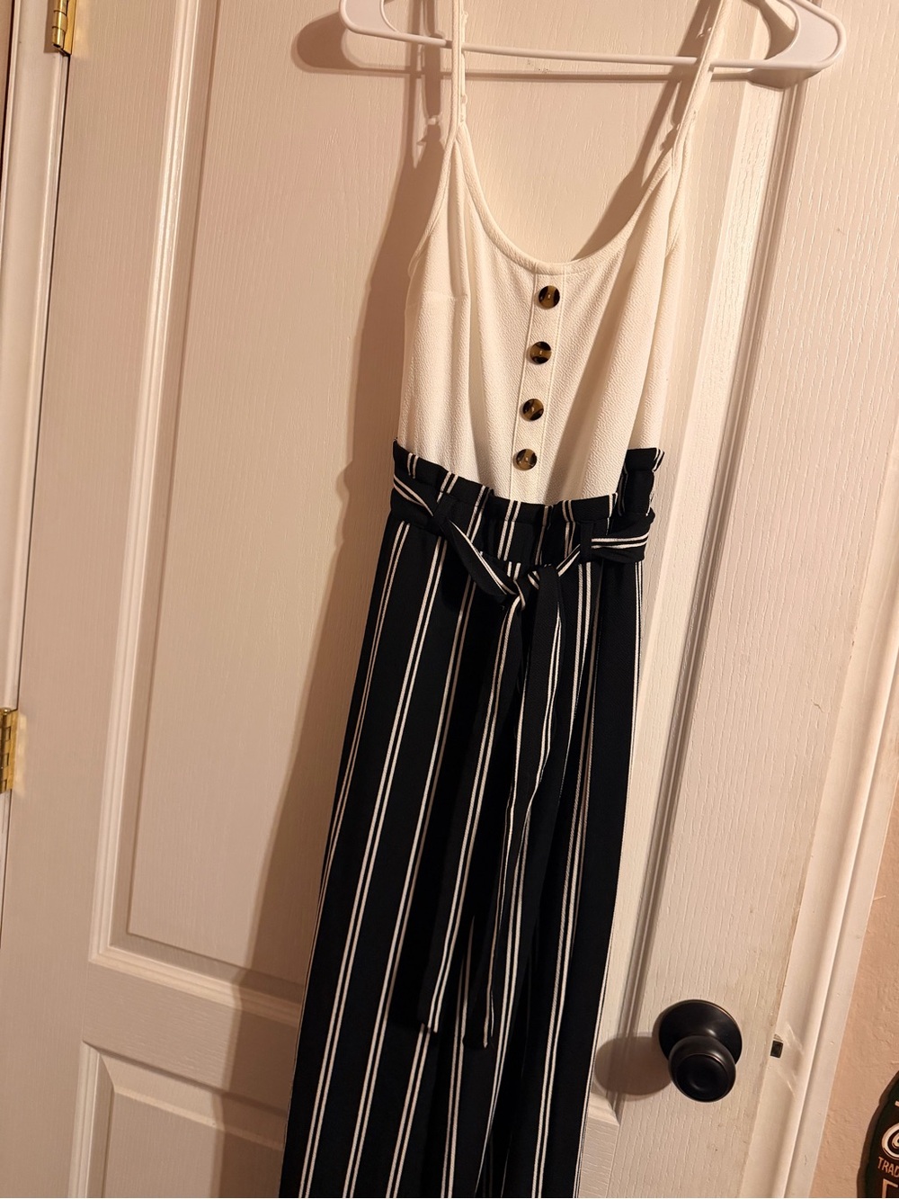 No Boundaries Black & White Striped Sleeveless Jumpsuit with Button Front